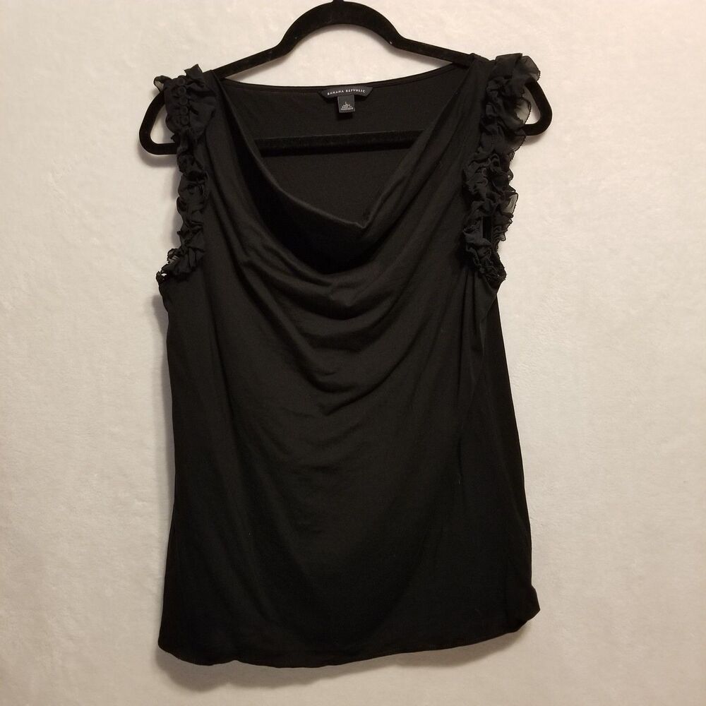 Banana Republic L Top Cotton Silk Black Ruffle Trim Button Detail Whimsigoth